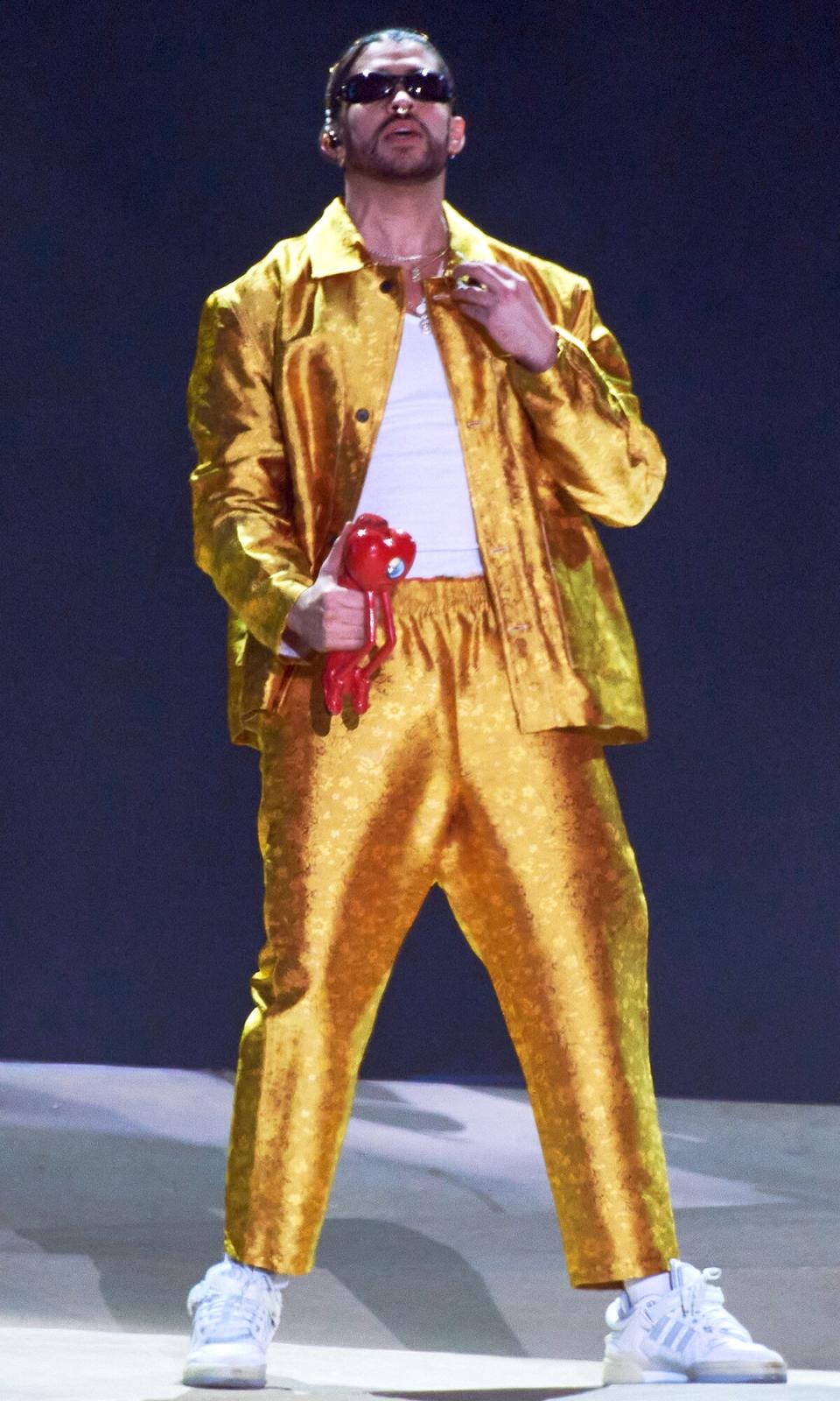 Bad Bunny performing during his second concert at Azteca Stadium, as a part of World Hottest Tour, on December 10, 2022 in Mexico City, Mexico