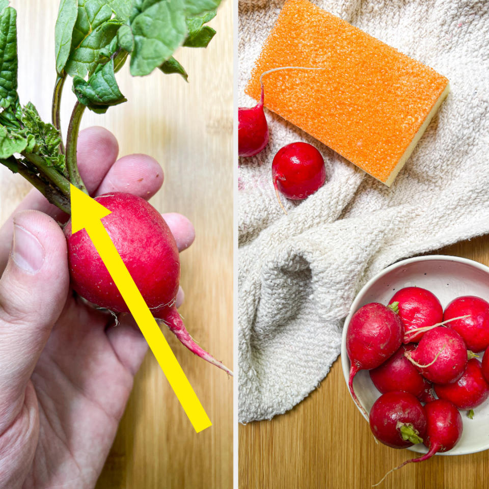 A dirty, precut radish juxtaposed next to a bowl of washed and cleaned radishes