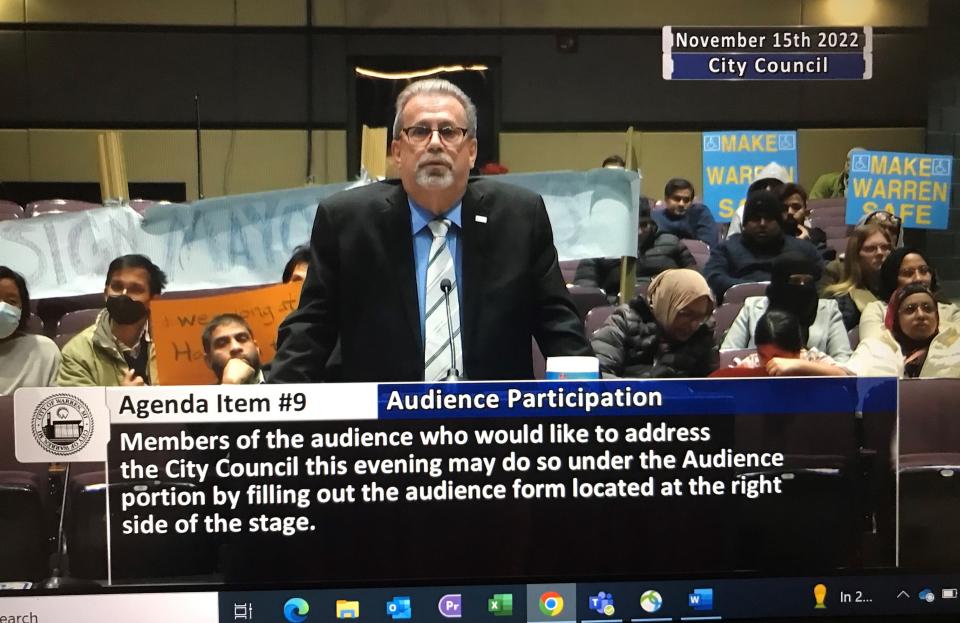 A screengrab of Gary Boike speaking to the Warren City Council during its Nov. 15, 2022 meeting, which is available to view online.