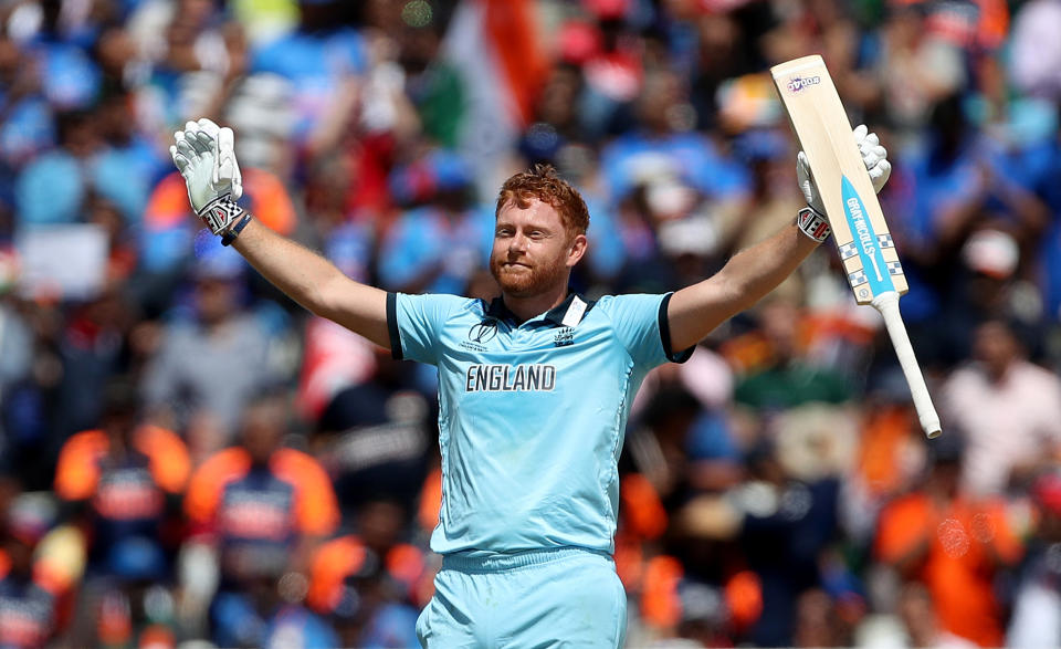 England's Jonny Bairstow celebrates reaching his century during the ICC Cricket World Cup group stage match at Edgbaston, Birmingham. (Photo by David Davies/PA Images via Getty Images)