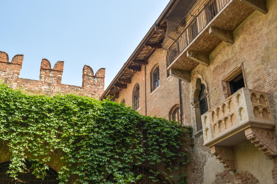 Verona, Italy - April 22, 2019: Balcony of Juliets house in city of Verona, Italy during sunny day in April 2019