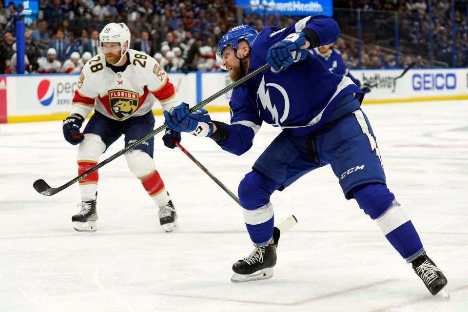 Tampa Bay Lightning defenseman Erik Cernak watches his shot get past Florida Panthers goaltender Sergei Bobrovsky for a goal during the second period in Game 3 of an NHL hockey second-round playoff series on May 22 in Tampa, Florida.