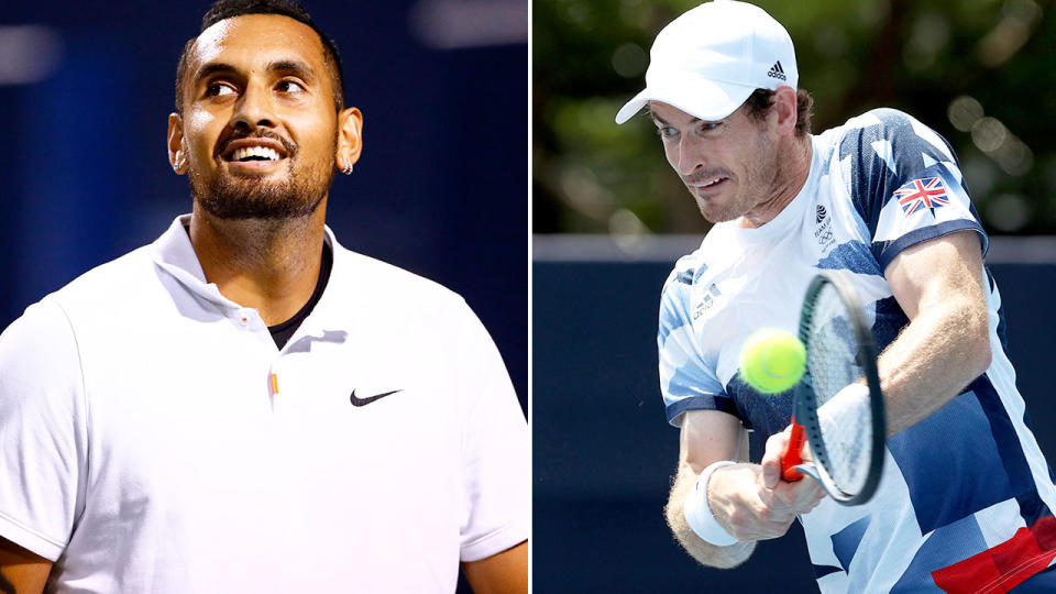 Pictured right, Andy Murray hits a tennis ball and Nick Kyrgios has a laugh during a match.