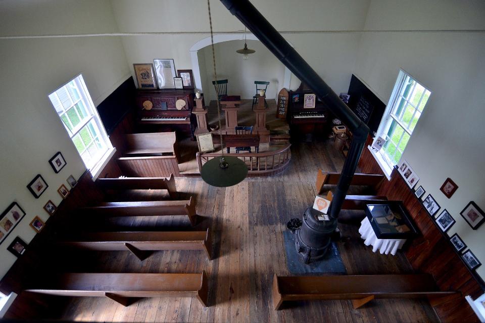 The view from the balcony of Tolson's Chapel in Sharpsburg. Designated in January 2021 as a National Historic Landmark, the one-room chapel and school served the local African American community after the Civil War. The pews and much of the building are original to the 1866 chapel.