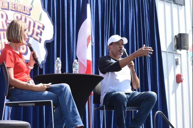 Republican presidential candidate Larry Elder takes part in Iowa Gov. Kim Reynolds' 'Fairside Chat' series at the Iowa State Fair in Des Moines on Thursday. Photo by Joe Fisher/UPI