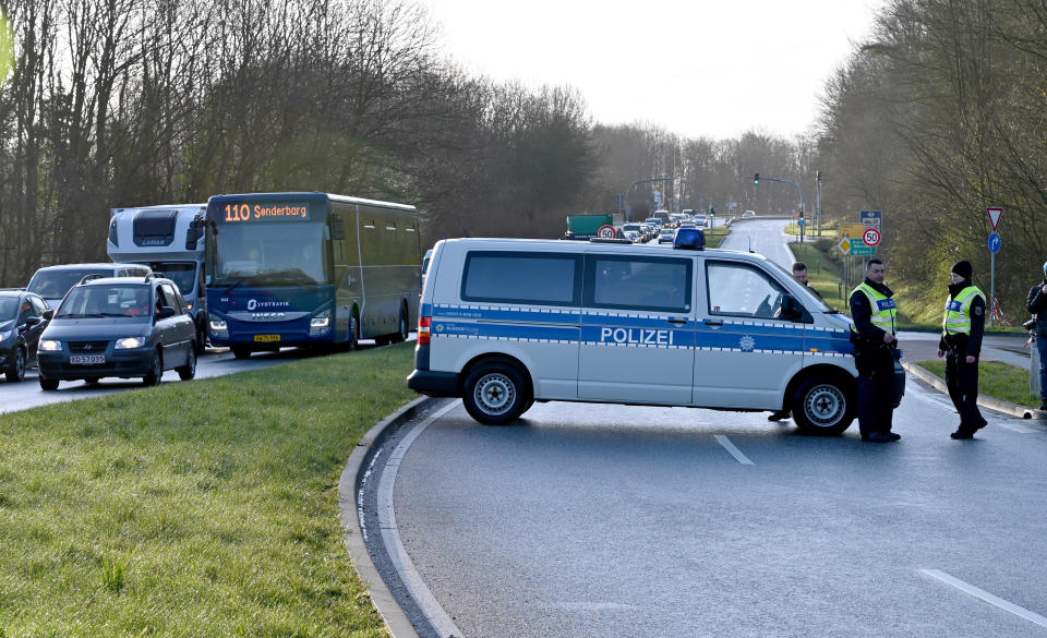 16 March 2020, Schlewig-Holstein, Flensburg: Federal police officers have set up a checkpoint at the German-Danish border for drivers coming from Denmark. Germany has closed the border until further notice because of the Corona crisis. Photo: Carsten Rehder/dpa (Photo by Carsten Rehder/picture alliance via Getty Images)