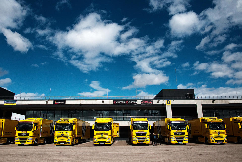 Artic roll-call: Dunlop had 12 liveried trucks at the test in Spain – it was hard to miss them