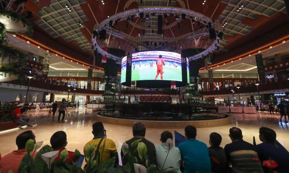 PSG fans watch the Champions League final on a giant screen at the Mall of Qatar in the capital Doha.