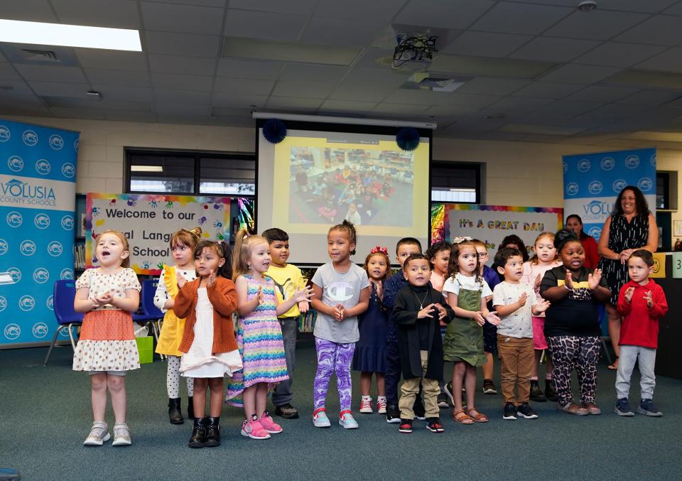 Discovery Elementary students during the ribbon-cutting ceremony for the school's Dual Spanish-English Language Program, Friday, Nov. 17, 2023.