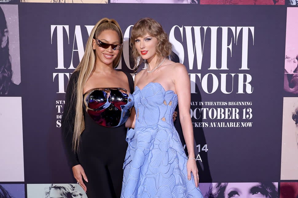 Beyoncé Knowles-Carter and Taylor Swift attend the Taylor Swift: The Eras Tour Concert Movie World Premiere at AMC The Grove 14 on October 11, 2023 in Los Angeles, California. 