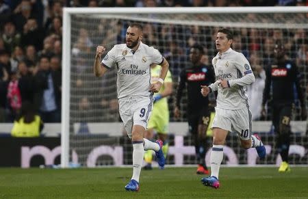 Football Soccer - Real Madrid v Napoli - UEFA Champions League Round of 16 First Leg - Estadio Santiago Bernabeu, Madrid, Spain - 15/2/17 Real Madrid's Karim Benzema celebrates scoring their first goal Reuters / Juan Medina Livepic