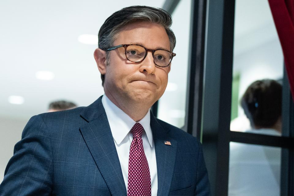 Speaker of the House Mike Johnson, R-La., arrives for a news conference at the Republican National Committee after meeting with former President Donald Trump and the House Republican Conference on June 13, 2024.