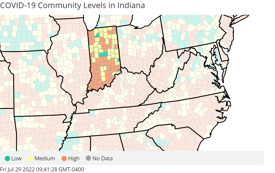 COVID-19 community levels in Indiana as of July 28, 2022.