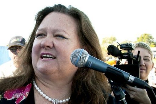 The Australian government on Tuesday halted the approval process for a huge Aus$6.4 billion (US$6.3 billion) coal mine owned by Indian infrastructure giant GVK and the world's richest woman Gina Rinehart (pictured in 2010)