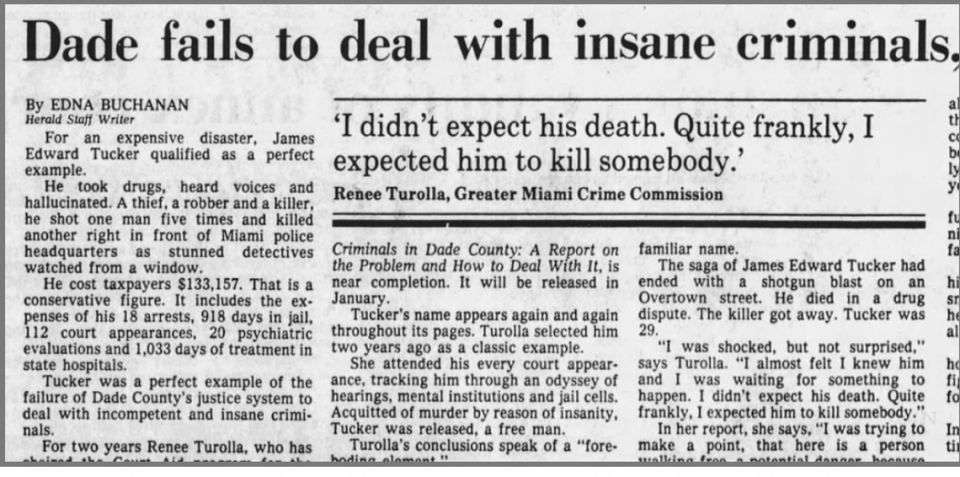 Un artículo de Miami Herald de 1984 sobre la incapacidad del condado para tratar a los reclusos con enfermedades mentales.