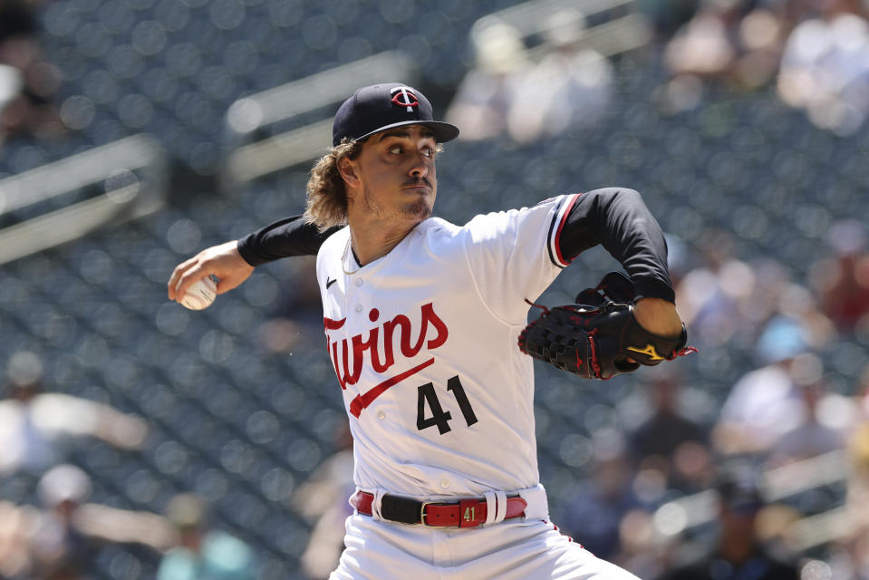 Minnesota Twins pitcher Joe Ryan (41) throws during the first inning of a baseball game against the Seattle Mariners, Wednesday, July 26, 2023, in Minneapolis. (AP Photo/Stacy Bengs)