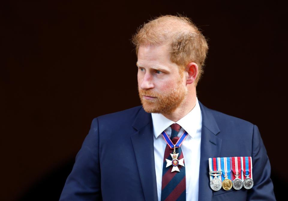 Prince Harry, Duke of Sussex (wearing a Household Division regimental tie and medals including his Knight Commander of the Royal Victorian Order cross) attends The Invictus Games Foundation 10th Anniversary Service at St Paul's Cathedral on May 8, 2024 in London, England.