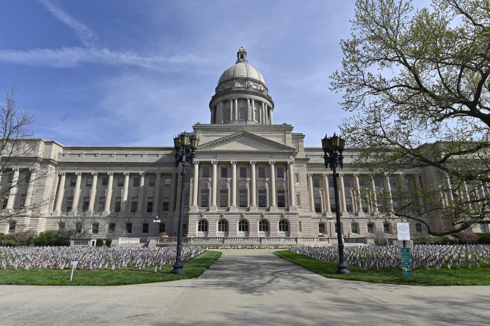 FILE - Exterior photo of the Kentucky State Capitol in Frankfort, Ky., Wednesday, April 7, 2021. On Friday, July 1, 2022, The Associated Press reported on stories circulating online incorrectly claiming Kentucky is considering legislation that would require women to submit to the state every month a statement from a doctor indicating if they are pregnant — or else face penalties. (AP Photo/Timothy D. Easley, File)