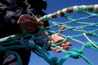 FILE PHOTO: A fisherman repairs a fishing net on the dock of the port in Boulogne-sur-Mer