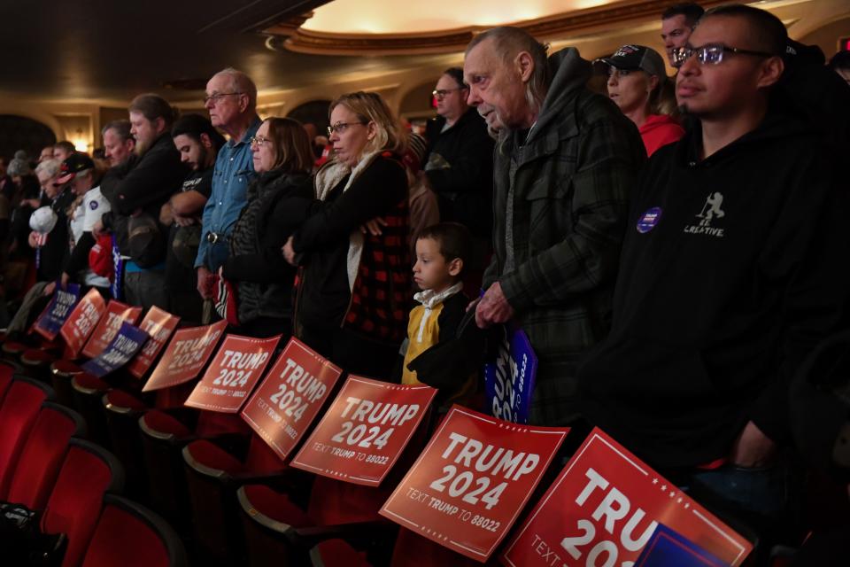 Supporters of former President Donald Trump turn out for his rally Sunday, October 29, 2023, at Orpheum Theatre in Sioux City, Iowa .