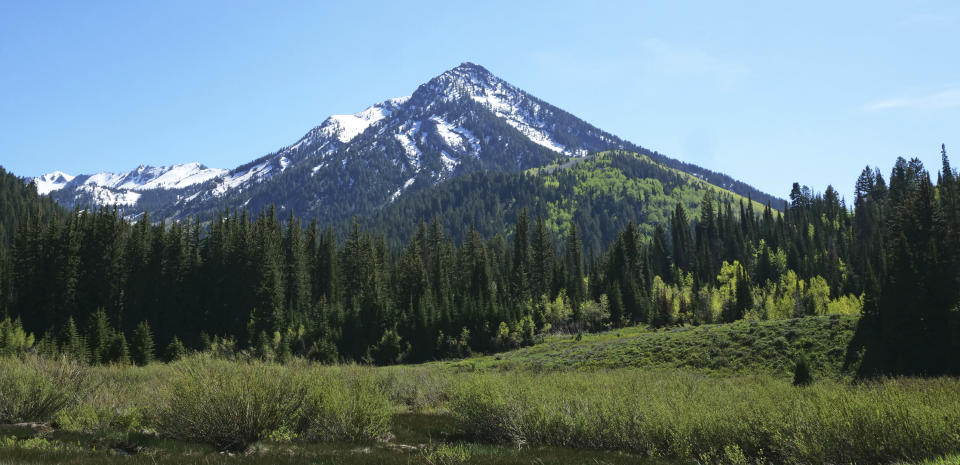 This Monday, June 10, 2019, photo shows snow covering a mountain in the Wasatch Range near Salt Lake City. The summer's melting snowpack is creating raging rivers that are running high, fast and icy cold. The state's snowpack this winter was about 150 percent higher than the historical average and double the previous year, which was the driest on record dating back to 1874, said Brian McInerney, hydrologist for the National Weather Service in Salt Lake City. About twice as much snow remains on the mountain peaks as normal because cold and wet conditions in late May added to snowpack. (AP Photo/Rick Bowmer)