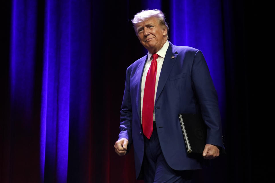 Republican presidential candidate former president Donald Trump speaks at the Republican Party of Iowa's 2023 Lincoln Dinner in Des Moines, Iowa, Friday, July 28, 2023. New allegations in the classified documents case against Trump deepen his legal jeopardy as he braces for possible additional indictments related to efforts to overturn the 2020 election. (AP Photo/Charlie Neibergall)