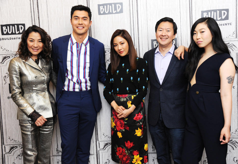 NEW YORK, NY - AUGUST 14: (L-R) Actors Michelle Yeoh, Henry Golding, Constance Wu, Ken Jeong and Awkwafina visit Build Series to discuss the film 'Crazy Rich Asians' at Build Studio on August 14, 2018 in New York City.  (Photo by Desiree Navarro/WireImage)