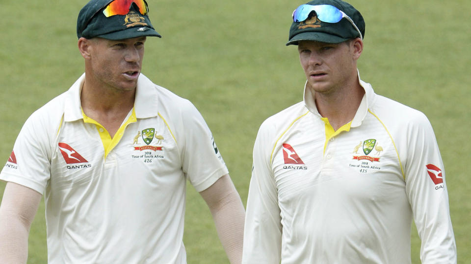 David Warner and Steve Smith in South Africa. (Photo by Lee Warren/Gallo Images/Getty Images)