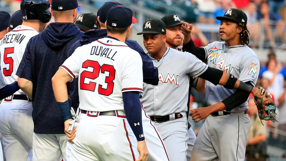 The benches clear after Ronald Acuna Jr. of the Atlanta Braves was hit by by a pitch from Jose Urena of the Miami Marlins at the start of the first inning at SunTrust Park on August 15, 2018 in Atlanta, Georgia. (Photo by Daniel Shirey/Getty Images)