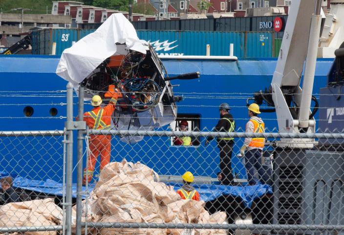 St. John&#x00201a; Canada, June 28, 2023 Debris from the Titan submersible, recovered from the ocean floor near the wreck of the Titanic, is unloaded from the ship Horizon Arctic at the Canadian Coast Guard pier in St. John&#x00201a;&#xc4;&#xf4;s on Wednesday, June 28, 2023. Credit: The Canadian Press/Alamy Live News