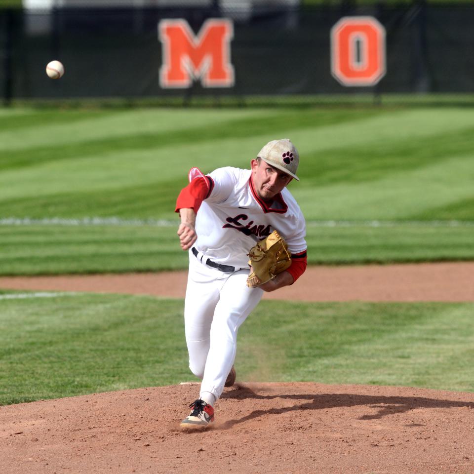 Jacob Miller fires a pitch during Liberty Union's 2-1 win against West Lafayette Ridgewood during a Division III regional semifinal on Thursday at Mount Vernon High School. Miller struck out 15 in a complete game as the Lions reached their second straight regional final.