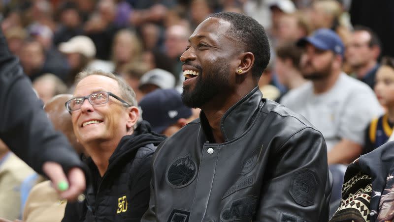Utah Jazz owner Dwyane Wade watches the action in Salt Lake City on Friday, Oct. 27, 2023. The Jazz won 120-118. He also visited BYU basketball practice.