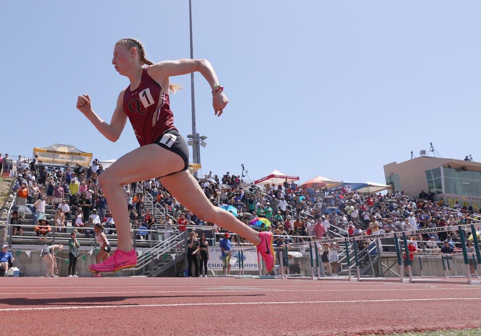 Oaks Christian's Eleanor Borchard competes in the Division 4 girls 100-meter hurdles race during the CIF-Southern Section Track and Field Championships at Moorpark High on Saturday, May 13, 2023. Borchard, who finished sixth in the event, won the 300 hurdles title for the second straight year.