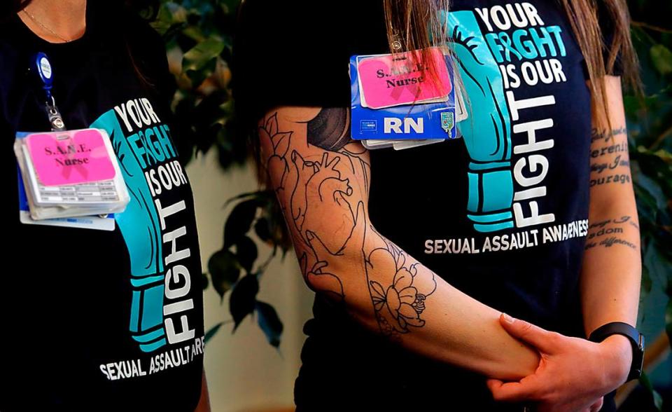 Emergency room nurses at Kadlec Regional Medical Center in Richland wear t-shirts calling attention to Sexual Assualt Awareness month. They are part of the Sexual Assault Nurse Examiner (S.A.N.E.) program that trains nurses to provide comprehensive care to survivors of sexual assault. There are currently 20 trained nurses in the emergency room.