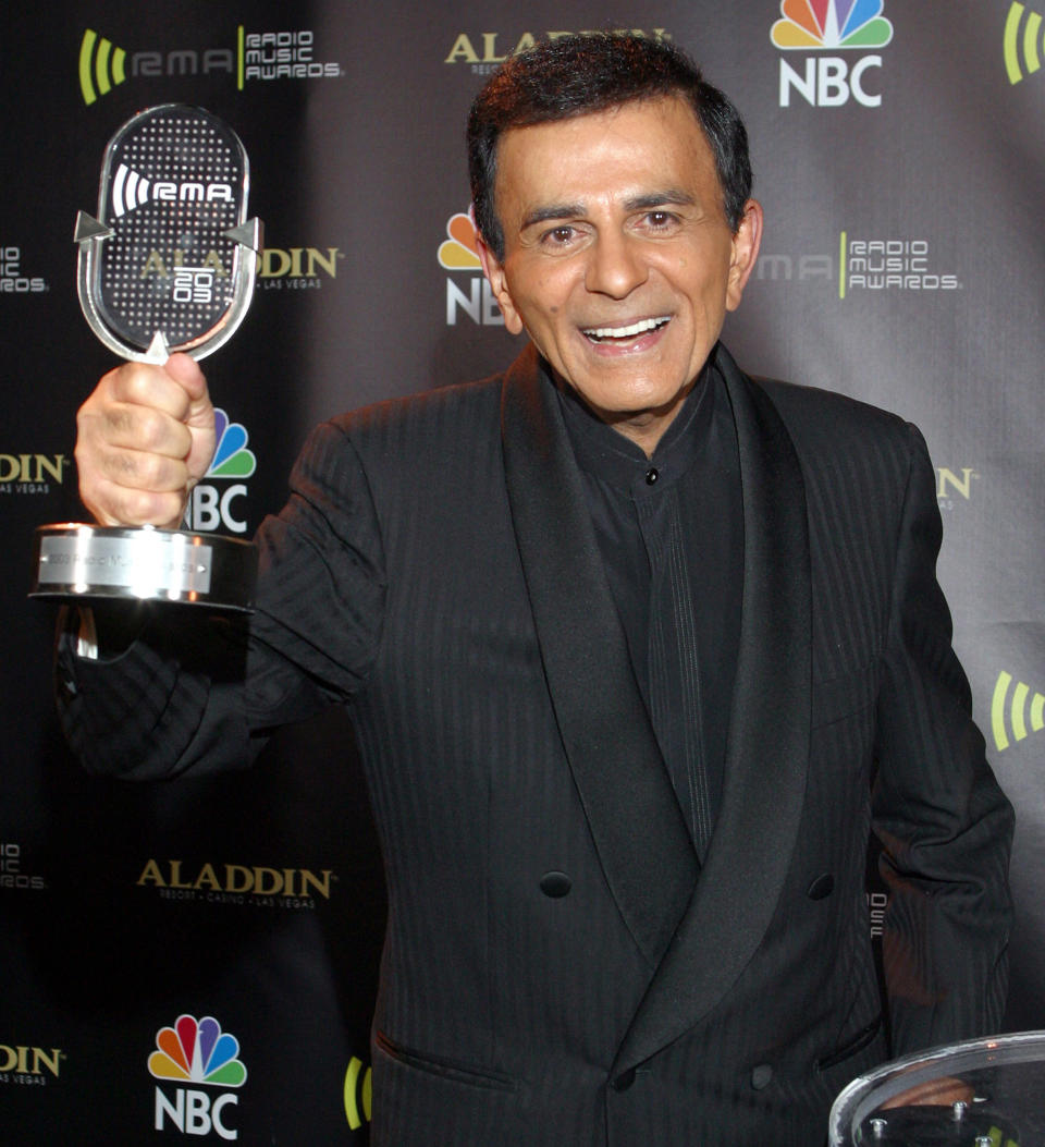 FILE - In this Oct. 27, 2003 file photo, Casey Kasem poses for photographers after receiving the Radio Icon award during The 2003 Radio Music Awards at the Aladdin Resort and Casino in Las Vegas. The three adult children of radio host Kasem have filed a legal petition to gain control of his health care. The petition for conservatorship filed Monday, Oct. 7, 2013, brought a long-running family feud into the courts. (AP Photo/Eric Jamison, File)