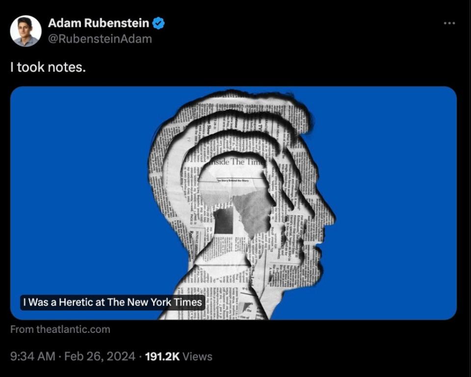 Rubenstein authored an article for the Atlantic titled “I Was a Heretic at The New York Times.” X/Adam Rubenstein