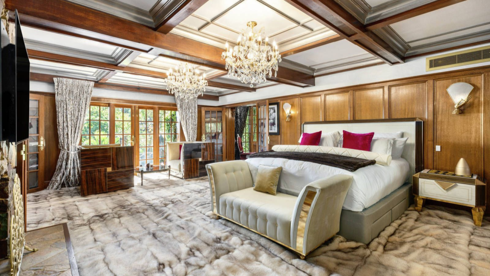 Bedroom of the french-inspired chateau home in Melbourne.