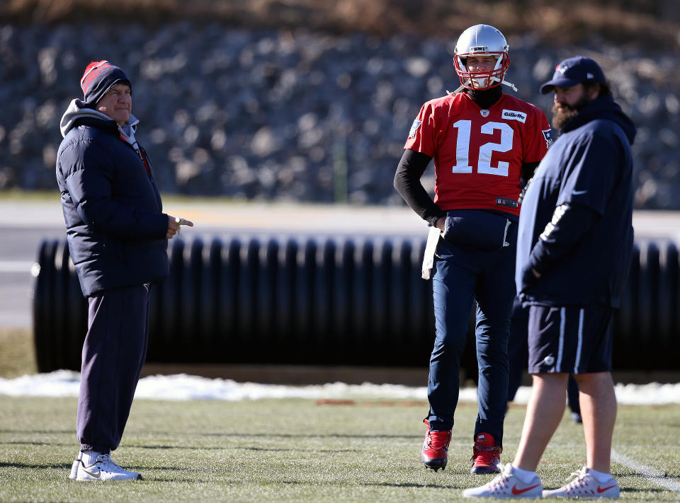 Bill Belichick, QB Tom Brady and Matt Patricia during their Patriots dynasty days together. (Getty Images)