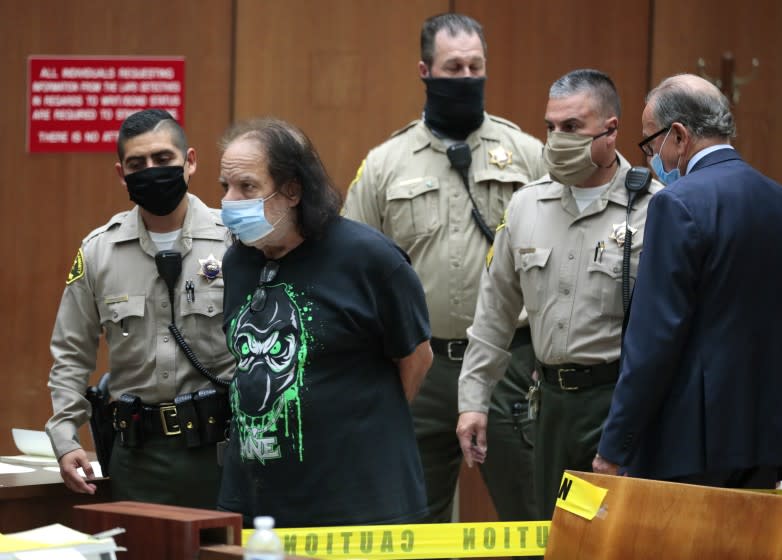 Los Angeles, CA, Tuesday, June 23, 2020 - Adult film star Ron Jeremy is charged with sexually assaulting four women in Dept. 30 at LA Superior Court. Attorney Stuart Goldfarb is at right. (POOL PHOTO/ Robert Gauthier / Los Angeles Times)