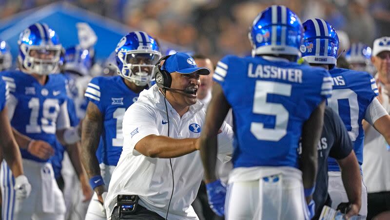 BYU coach Kalani Sitake reacts on the sidelines during a game against Sam Houston State Saturday, Sept. 2, 2023, in Provo, Utah. Sitake will lead his team into Year No. 2 in the Big 12 this fall.