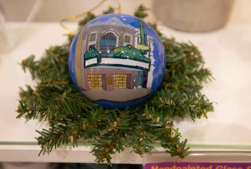 The Coronado Performing Arts Center is hand-painted on a glass ornament, seen on Thursday, Dec. 15, 2022, at J. R. Kortman Center for Design in Rockford.