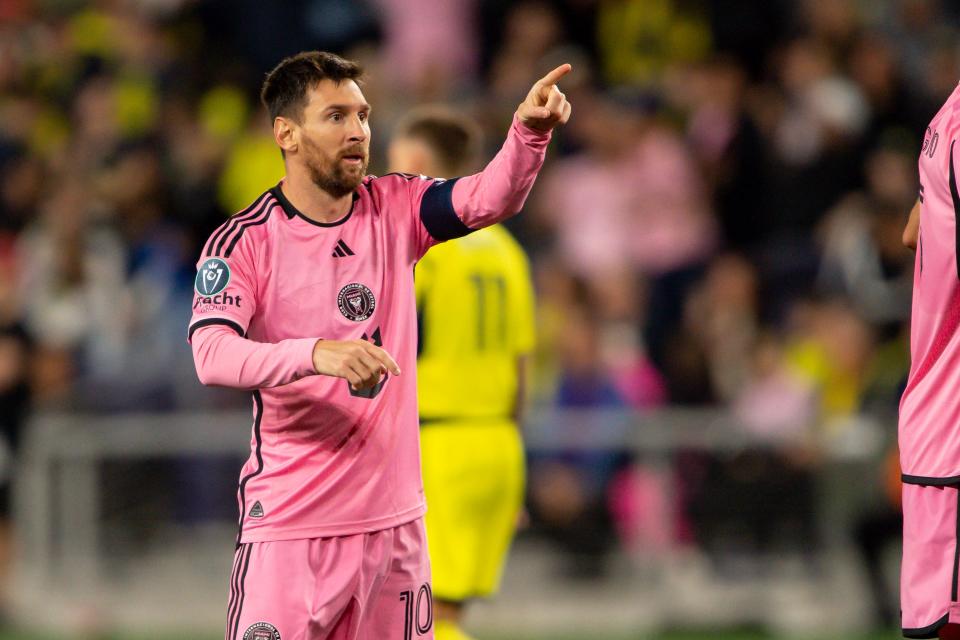 Messi reacts after his goal against Nashville.
