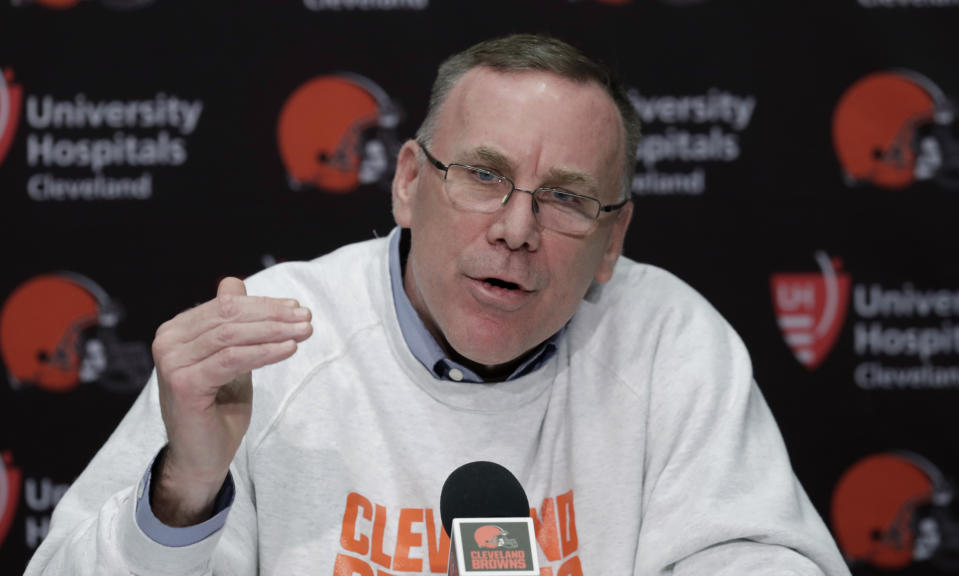 Cleveland Browns general manager John Dorsey answers question at a news conference at the NFL football team's training camp facility, Monday, Dec. 31, 2018, in Berea, Ohio. Browns interim coach Gregg Williams will be the first candidate interviewed for Cleveland's permanent position. Williams led Cleveland to a 5-3 record after Hue Jackson was fired on Oct. 29. Dorsey said Williams, the team's defensive coordinator for the past two seasons, will have his interview Tuesday. (AP Photo/Tony Dejak)