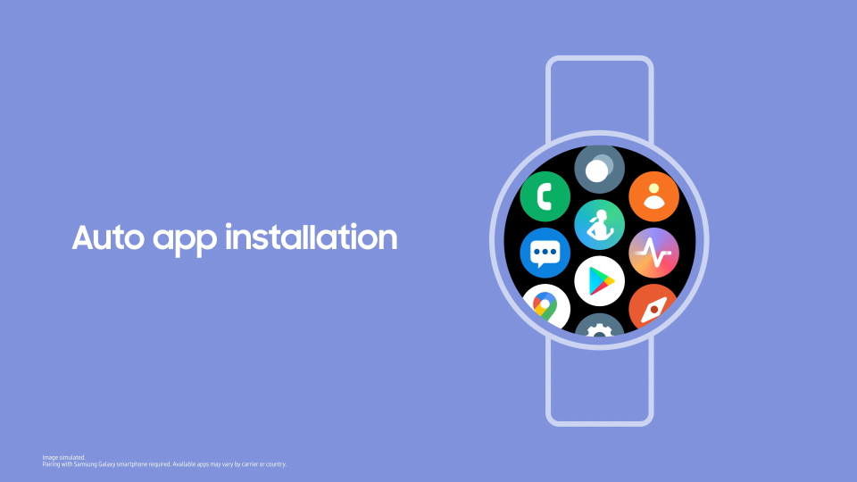 <p>A screenshot showing the new Samsung One UI Watch experience based on Wear OS. A watch with app icons filling the screen with the words "Auto app installation" on the left.</p>
