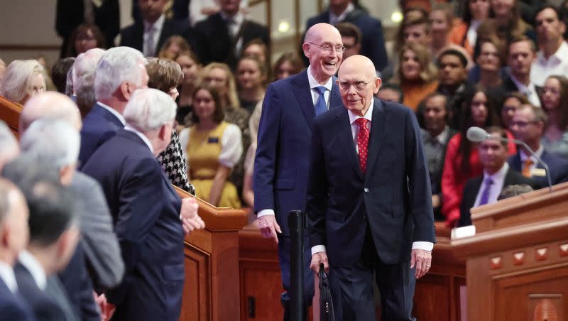 President Dallin H. Oaks, first counselor in the First Presidency, and President Henry B. Eyring, second counselor in the First Presidency, walk into the 193rd Semiannual General Conference of The Church of Jesus Christ of Latter-day Saints at the Conference Center in Salt Lake City on Saturday, Sept. 30, 2023. President Russell M. Nelson was unable to attend.