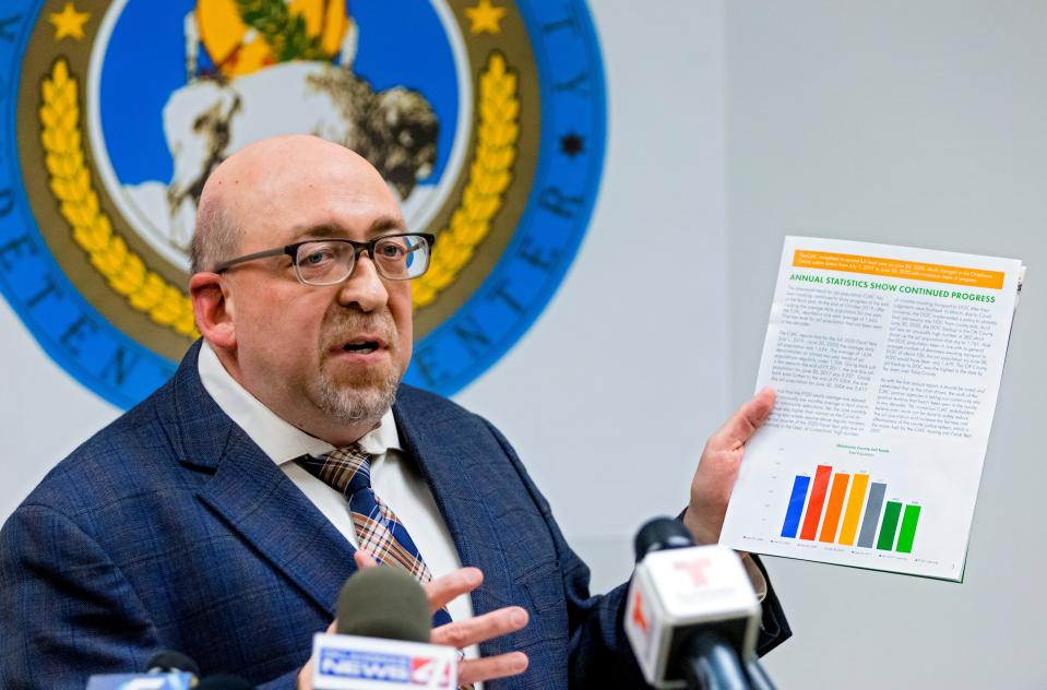 Tim Tardibono, Executive Director of Criminal Justice Advisory Council, speaks during a news conference at the Oklahoma County jail.