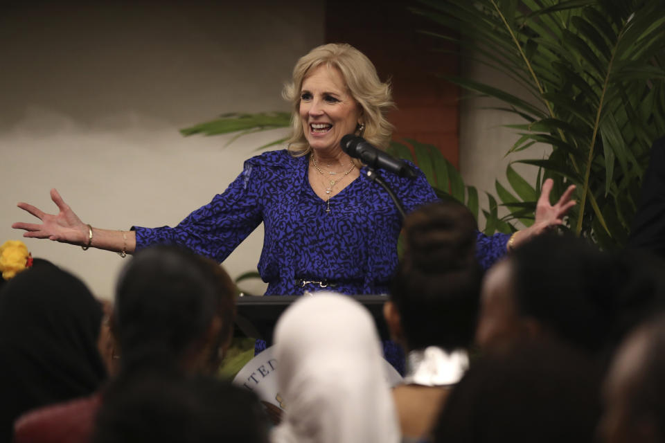 First Lady of the United States Jill Biden speaks as she meets Kenyan women leaders at the U.S. ambassador's residence in Nairobi, Kenya, Friday, Feb. 24, 2023. (AP Photo/Brian Inganga)