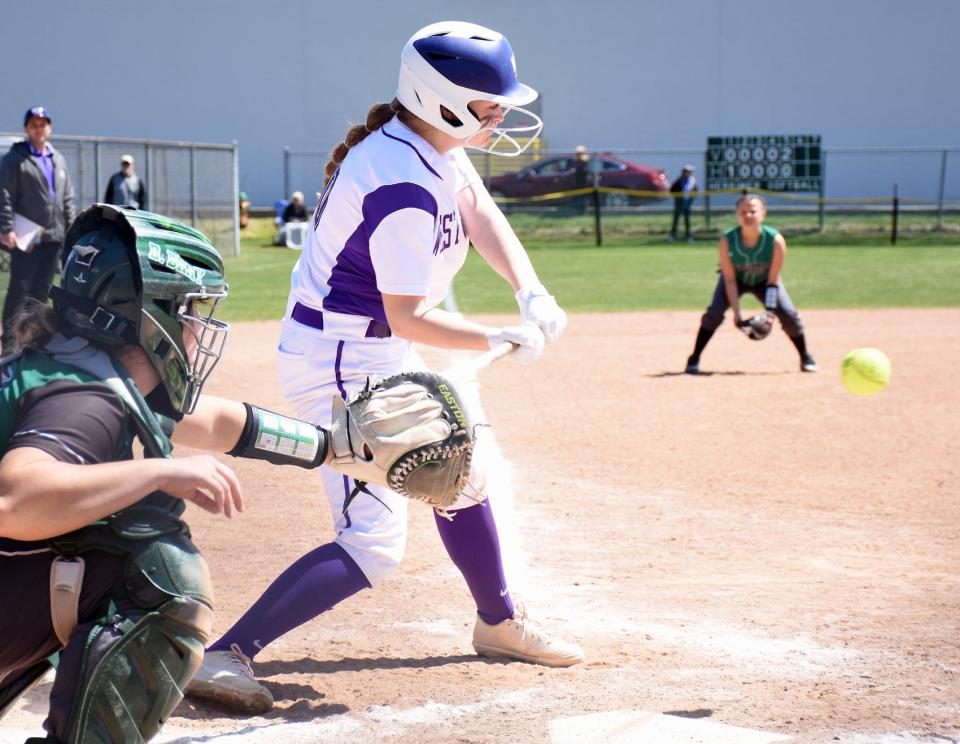 West Canada Valley Indian Hanna Burdick, pictured at an April 30 game in Herkimer, has hit for the cycle in her last two games and drove in seven runs Saturday against Remsen.