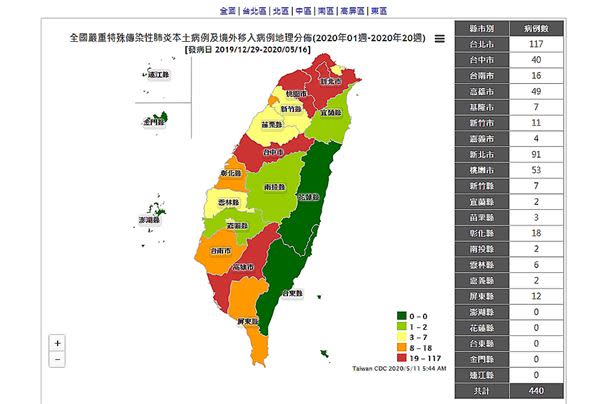 截至2020/05/11全國嚴重特殊傳染性肺炎本土病例及境外移入病例地理分佈。（圖片來源／擷取自疾管署傳染病統計資料查詢系統）