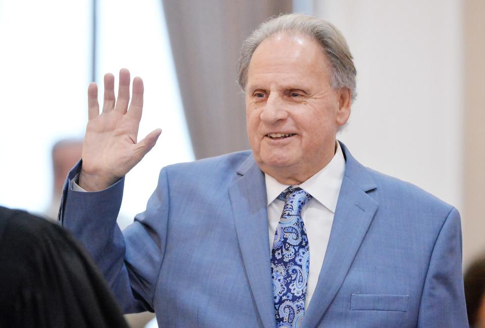 Terry Scutella is sworn in as a member of Erie County Council during the swearing-in ceremony of judicial and county elected officials inside courtroom H at the Erie County Courthouse in Erie on Jan. 2, 2024.